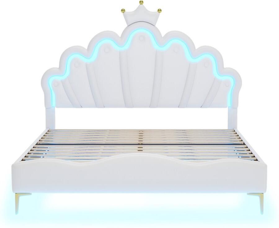 Mobrio Kinderbed 140x200cm met LED prinsessenbed met kunstleren kussen Wit