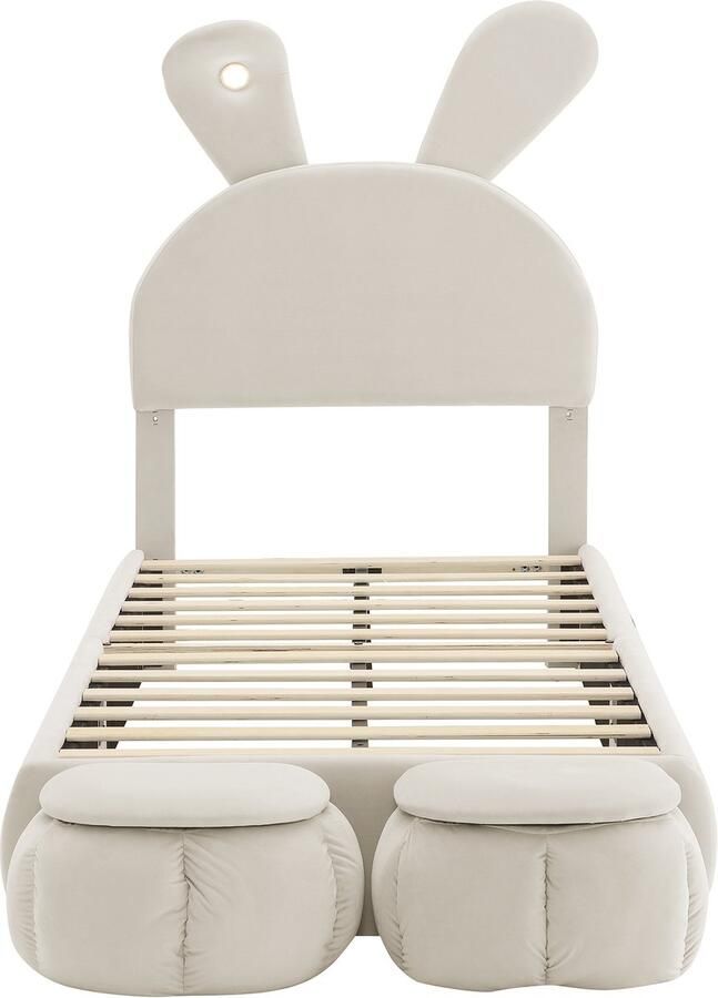 Mobrio Kinderbed 90x200 cm bekleed met fluweel konijnenoor met verstelbare LED met 2 opbergkrukjes Beige