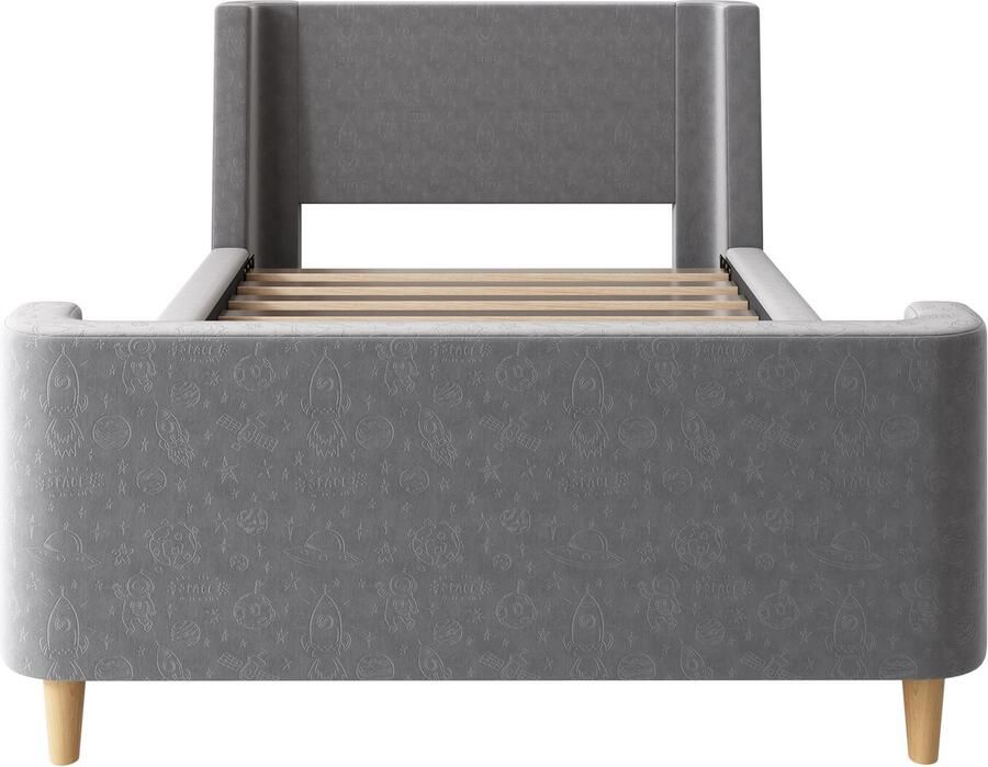 Mobrio Kinderbed 90x200 cm opgevuld in Grijs fluweel (matras niet inbegrepen)