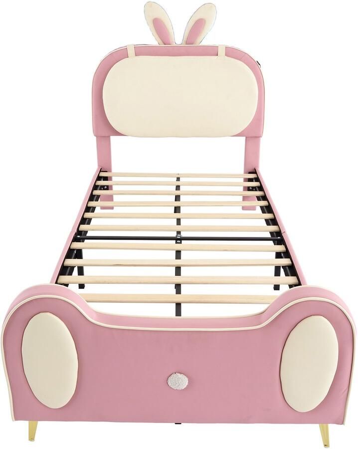 Mobrio Kinderbed 90x200cm gestoffeerd in kunstleer met LED konijnvormig hoofdeinde met lattenbodem Roze