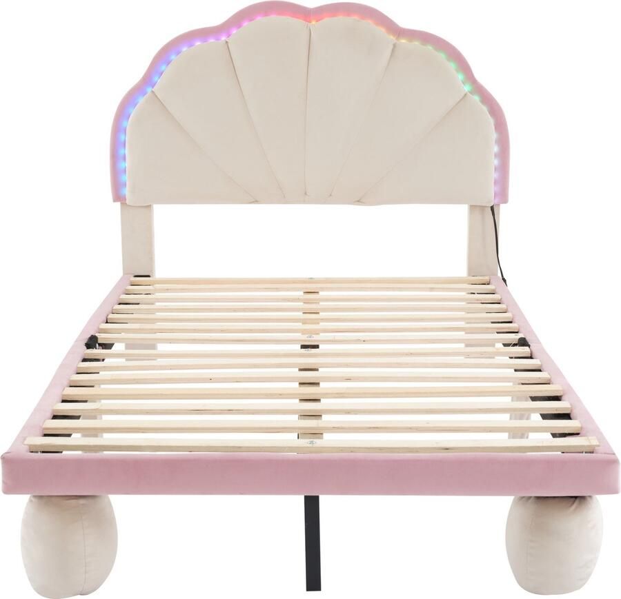 Mobrio Kinderbed 90x200cm in fluweel met LED schelpvormig hoofdeinde met lattenbodem Roze