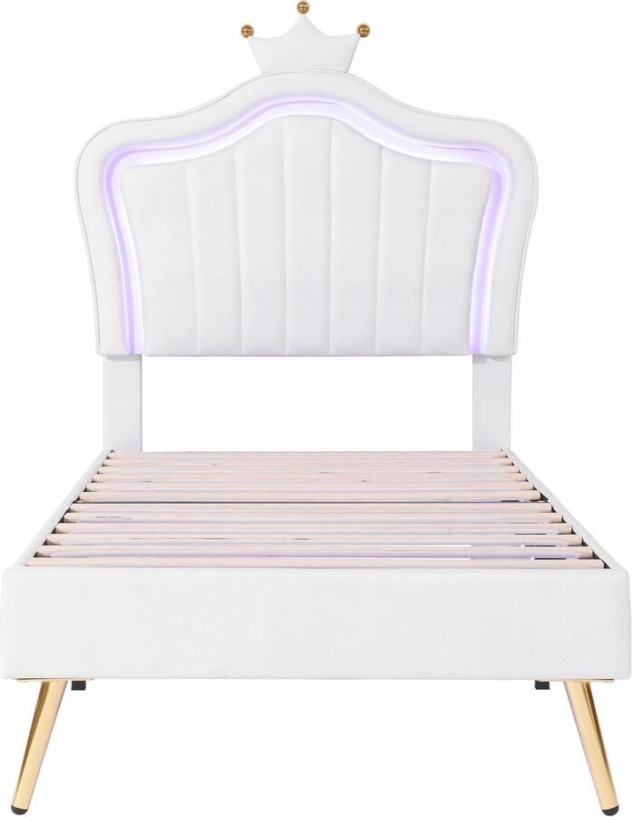 Mobrio Kinderbed 90x200cm in kunstleer met LED + verstelbaar hoofdbord + lattenbodem Wit