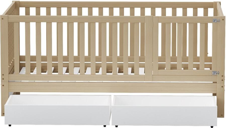 Mobrio Kinderbed 90x200cm in massief hout met veiligheidsbarrière en 2 laden Naturel