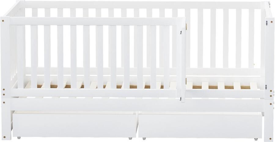Mobrio Kinderbed 90x200cm in massief hout met veiligheidsbarrière en 2 laden Wit