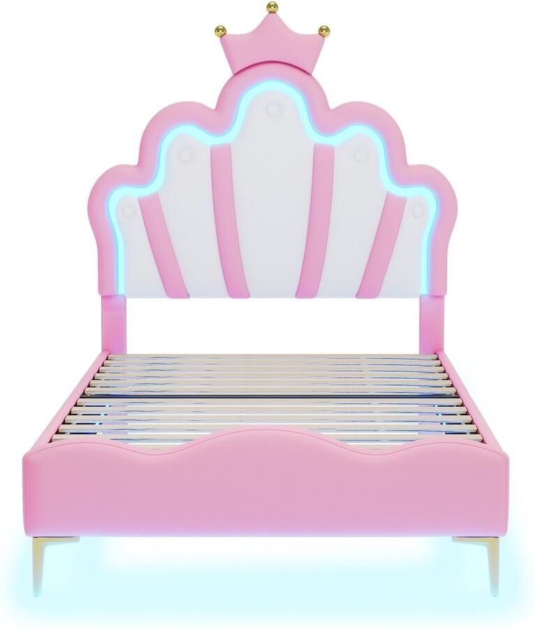 Mobrio Kinderbed 90x200cm met LED prinsessenbed met kunstleren kussen Roze