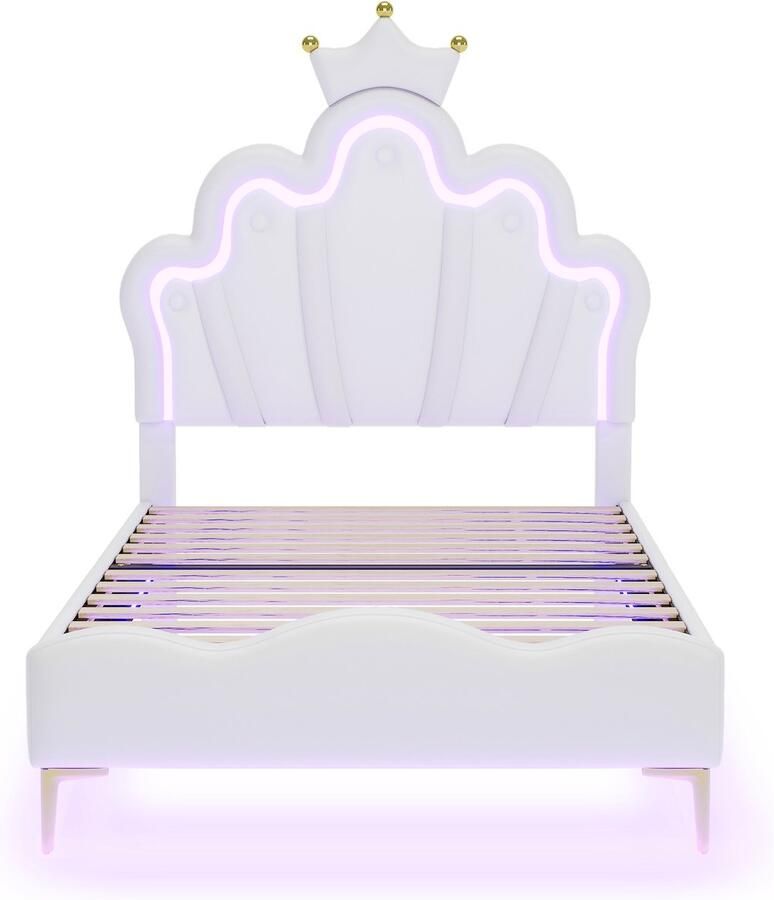 Mobrio Kinderbed 90x200cm met LED prinsessenbed met kunstleren kussen Wit
