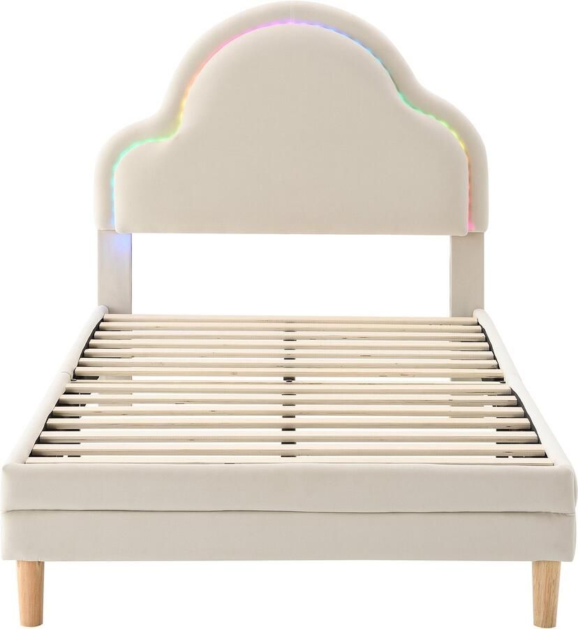 Mobrio Kinderbed bekleed met fluweel met LED in kleuren wolkvormig hoofdeinde houten lattenbodem 90x200cm Beige