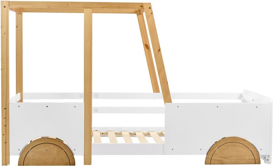 Mobrio Kinderbed in massief grenen 90x200cm in de vorm van een jeepauto Wit & Naturel