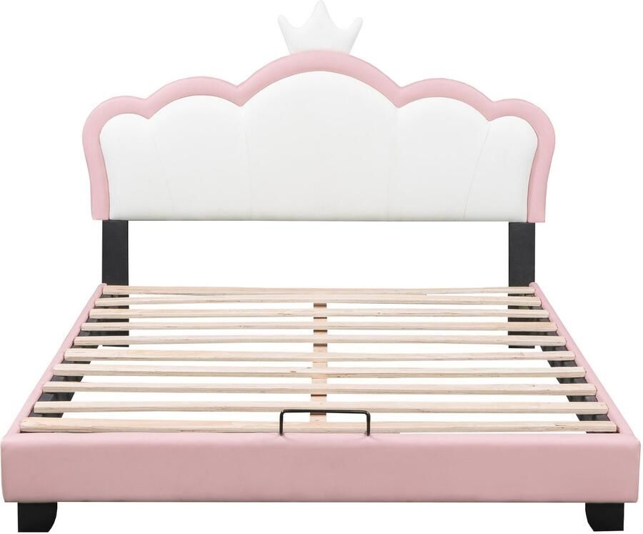 Mobrio Kinderbed met kroonvormig hoofdbord + lattenbodem 140x200cm kunstleer Roze