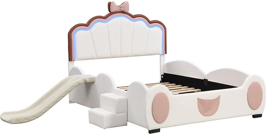 Mobrio Kunstleren kinderbed 140x200 cm met glijbaan en ladder met LED en afstandsbediening Roze