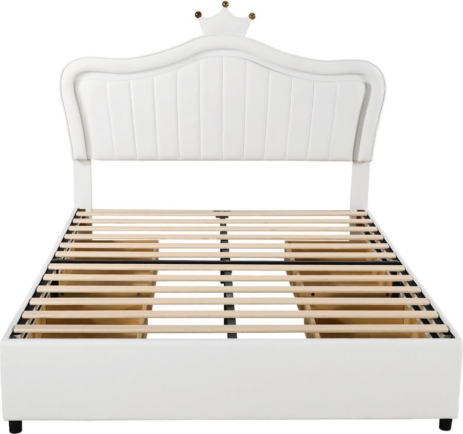 Mobrio Kunstleren kinderbed 140x200 cm met LED en 4 lades met lattenbodem Wit