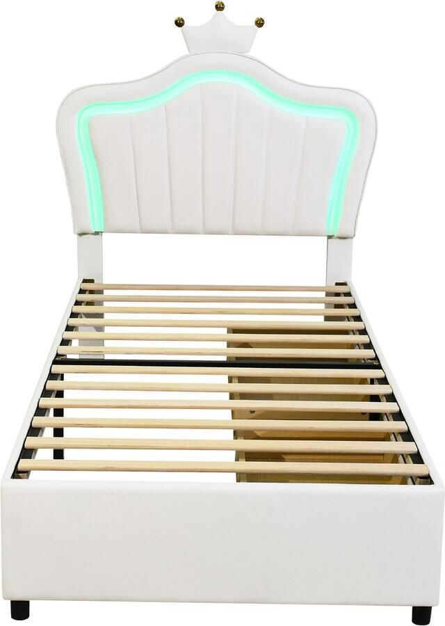 Mobrio Kunstleren kinderbed 90x200 cm met LED en 2 lades met lattenbodem Wit