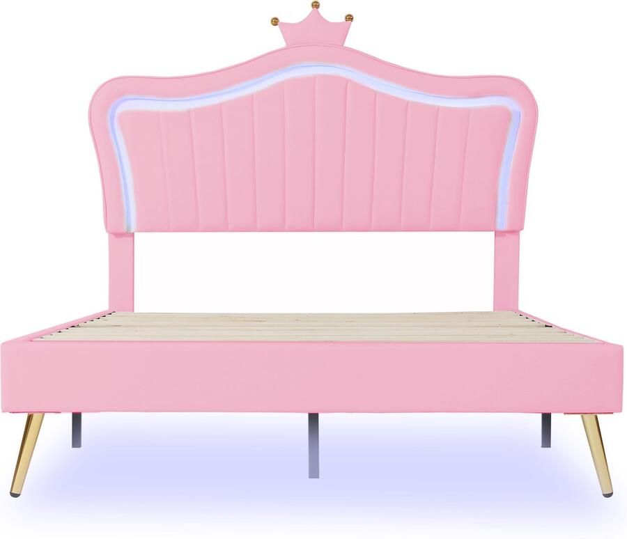 Mobrio Kunstleren kinderbed met LED kroonvormig hoofdeinde 140x200cm roze