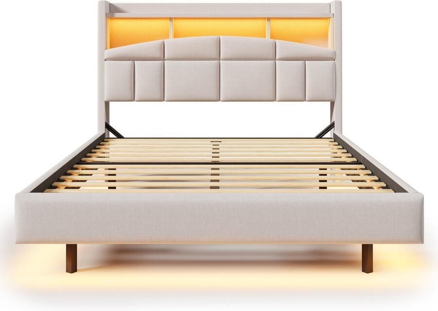 Mobrio Linnen gestoffeerd bed 140x200 cm hoofdbord met plank & LED & stopcontacten Beige