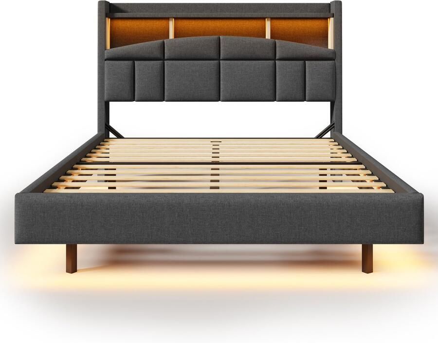 Mobrio Linnen gestoffeerd bed 140x200 cm hoofdbord met plank & LED & stopcontacten Grijs