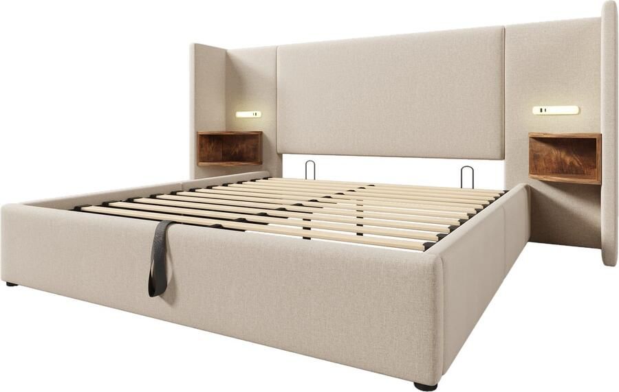 Mobrio Linnenopbergbed 160x200cm 2 nachtkastjes met leeslampje en laadfunctie met lattenbodem Beige