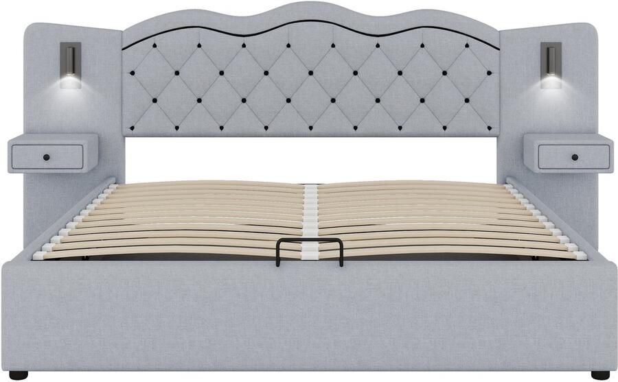 Mobrio Linnenopbergbed 180x200 cm 2 nachtkastjes met opbergruimte met USB-aansluiting en lampen Grijs