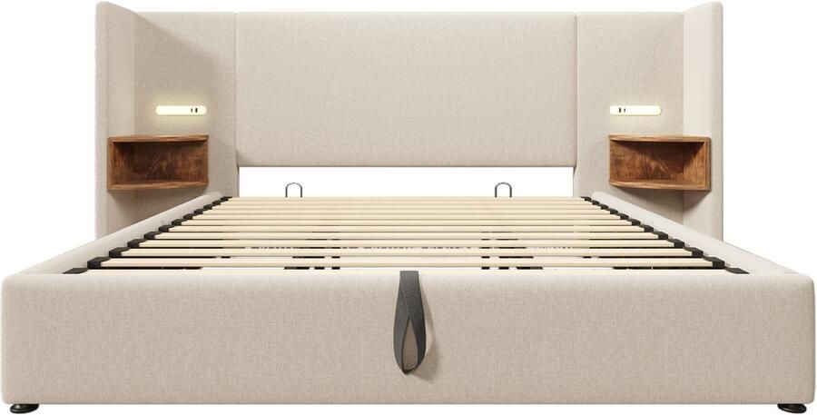 Mobrio Linnenopbergbed 180x200cm 2 nachtkastjes met leeslampje en laadfunctie met lattenbodem Beige