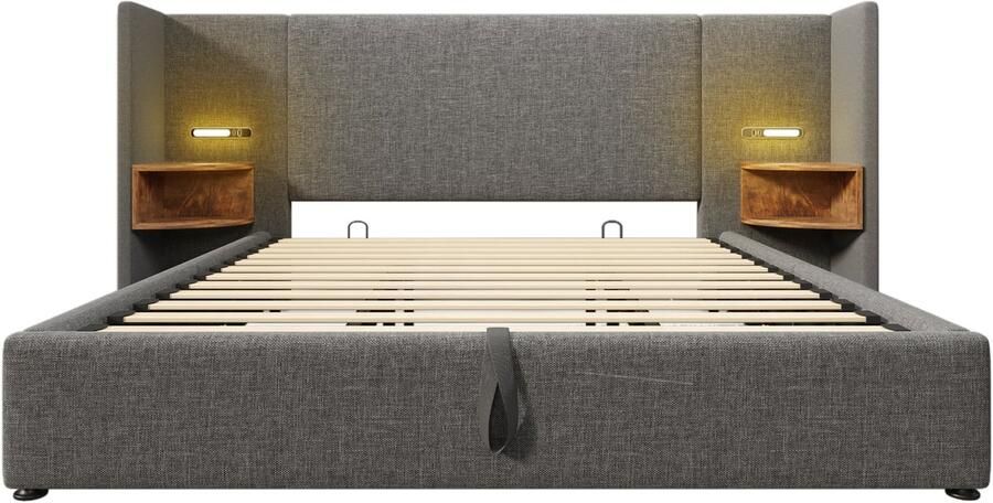 Mobrio Linnenopbergbed 180x200cm 2 nachtkastjes met leeslampje en laadfunctie met lattenbodem Grijs