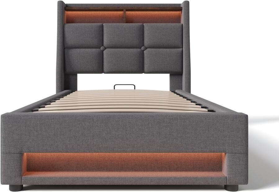 Mobrio Linnenopbergbed 90x200cm met LED- en USB-poorten lattenbodem grijs