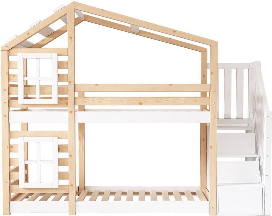 Mobrio Massief grenen stapelbed met valbeveiliging en opbergtrap 90x200cm naturel en wit