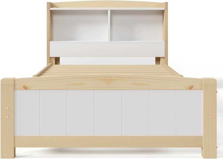Mobrio Massief houten kinderbed met opberghoofd + lattenbodem 90x200cm naturel & wit