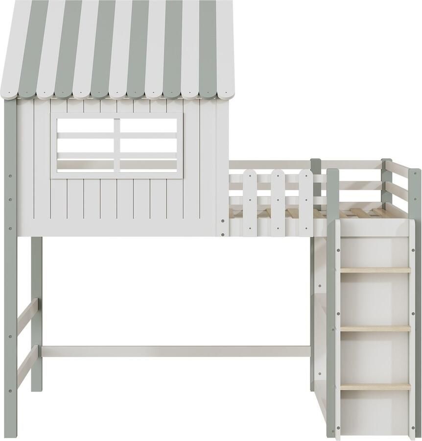 Mobrio Massief houten stapelbed 90x200 cm met ladder en veiligheidsbarrière met 2 planken Wit