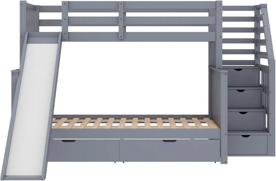 Mobrio Massief houten stapelbed 90x200cm + 140x200cm met opbergtrap en glijbaan Grijs