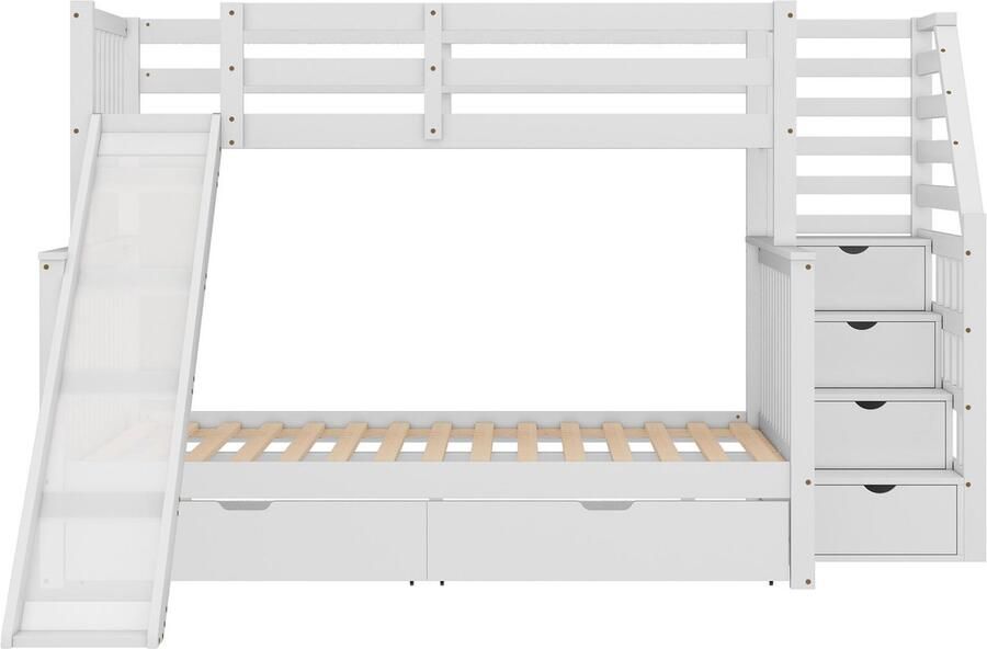 Mobrio Massief houten stapelbed 90x200cm + 140x200cm met opbergtrap en glijbaan Wit