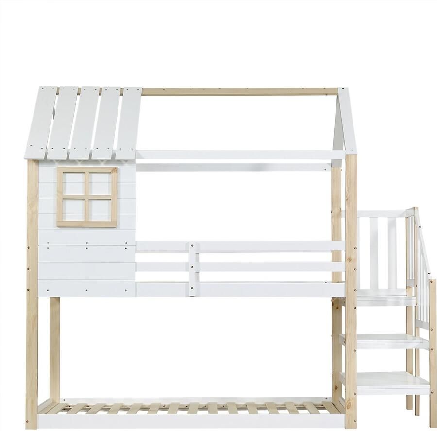 Mobrio Massief houten stapelbed 90x200cm met raam en trap Wit