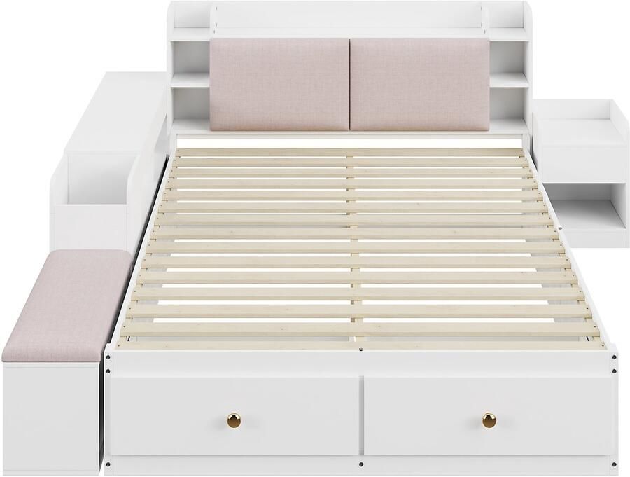 Mobrio Massief houten tweepersoonsbed 140x200cm met laden en opbergkruk Wit