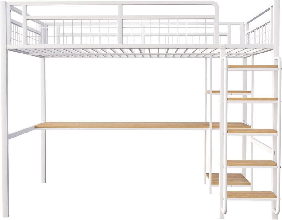 Mobrio Metalen hoogslaper 140x200 cm met bureau en veiligheidsladder Wit