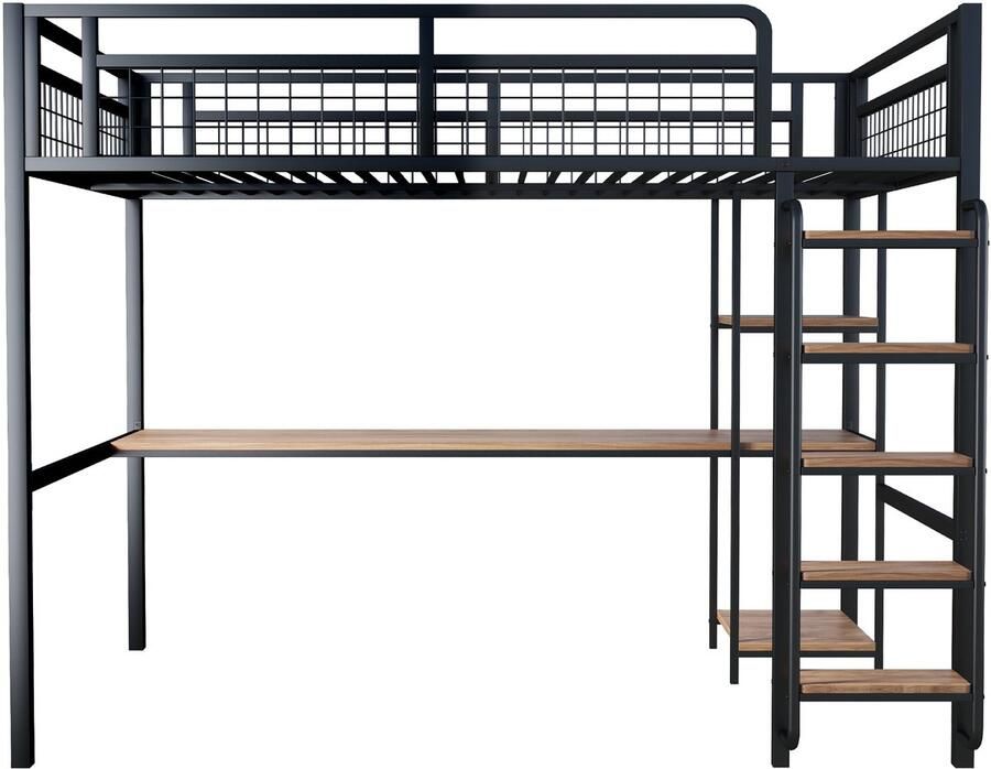 Mobrio Metalen hoogslaper 140x200 cm met bureau en veiligheidsladder Zwart