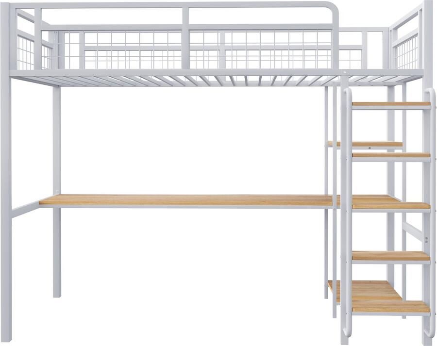 Mobrio Metalen hoogslaper 90x200 cm met bureau en veiligheidsladder Wit