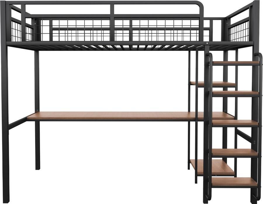 Mobrio Metalen hoogslaper 90x200 cm met bureau en veiligheidsladder Zwart