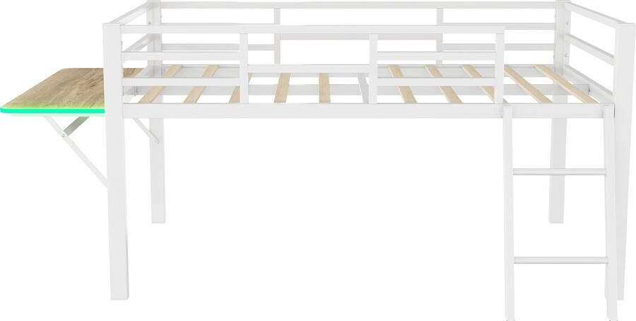 Mobrio Metalen hoogslaper 90x200cm met LED met neerklapbaar bureau en lattenbodem Wit