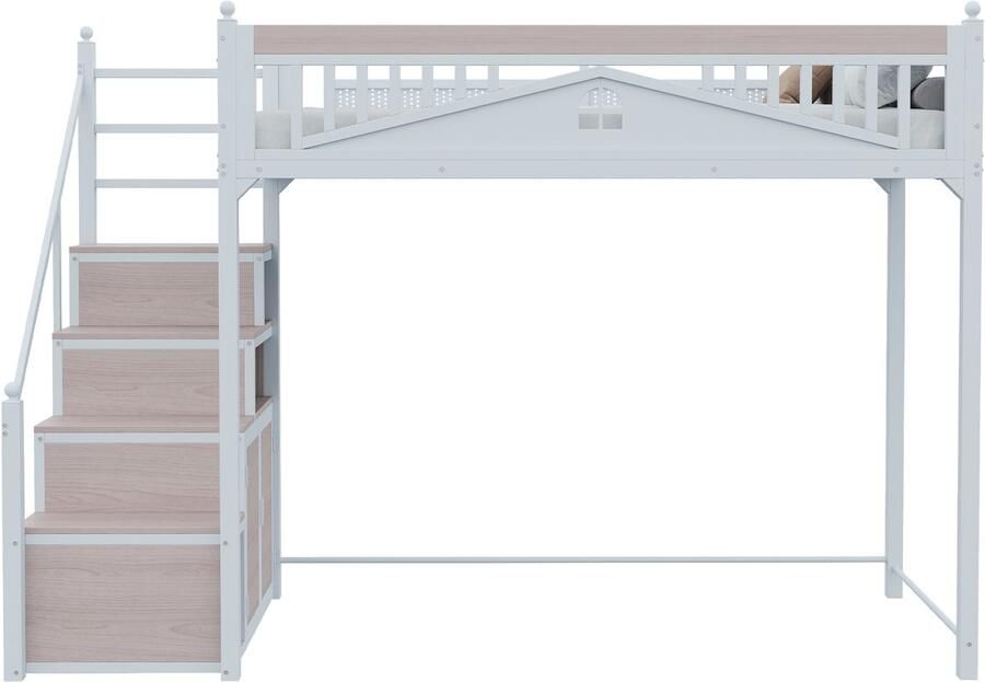 Mobrio Metalen hoogslaper 90x200cm met opbergladder Wit (matras niet inbegrepen)