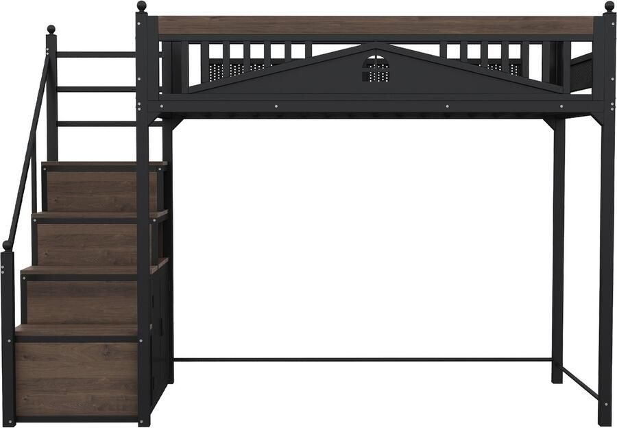 Mobrio Metalen hoogslaper 90x200cm met opbergladder Zwart (matras niet inbegrepen)