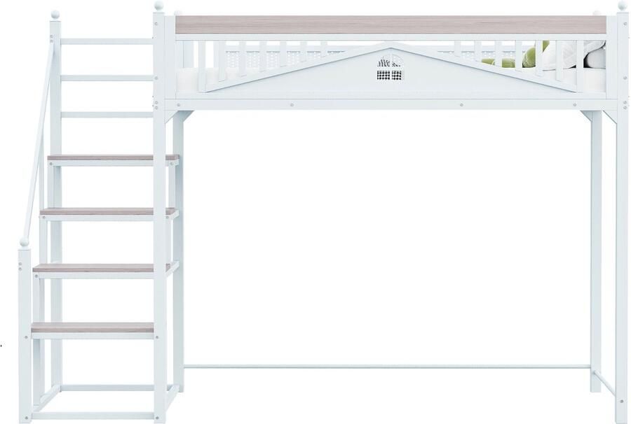 Mobrio Metalen tussenbed 90x200cm met verstelbare ladder Wit (matras niet inbegrepen)