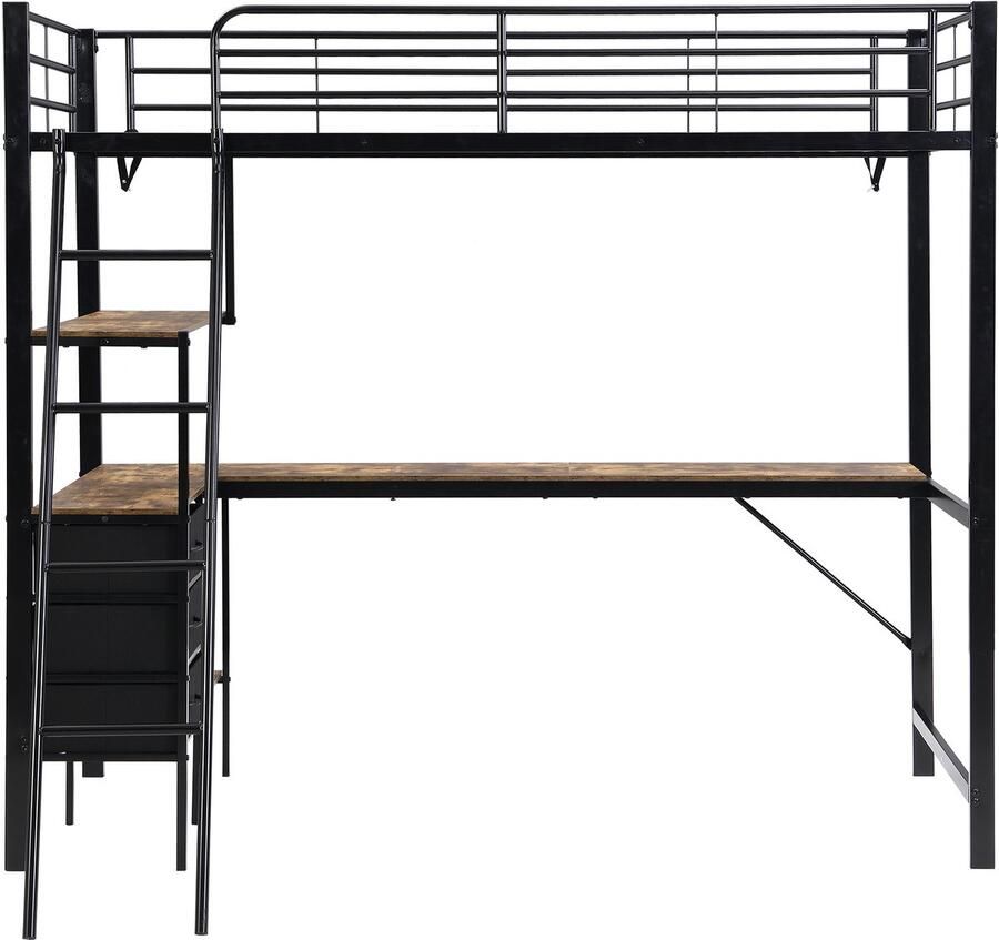 Mobrio Mezzaninebed 90x200 cm met 3 lades met tafel van 2 m lang schuine ladder met vier treden ijzer + deeltjesplaten zwart (zonder matras)