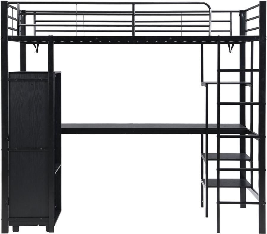 Mobrio Mezzaninebed 90x200 cm met tafel en kast met ladder van 5 treden ijzer + deeltjesplaten zwart (zonder matras)