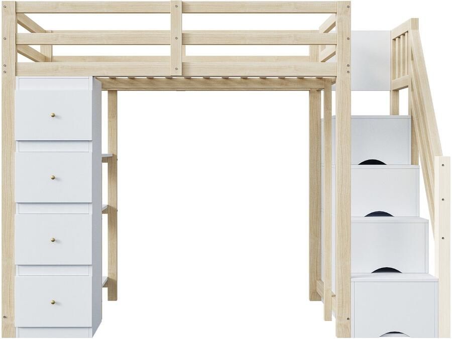 Mobrio Mezzaninebed 90x200cm in massief hout met 4 laden en opbergtrap Naturel (matras niet inbegrepen)