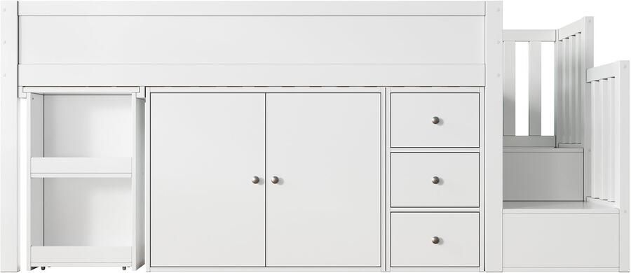 Mobrio Mezzaninebed voor kind van 90x200 cm met schuifbureau + zijopslagruimte met kast met 3 lades met 2 deuren met trap wit (zonder matras)