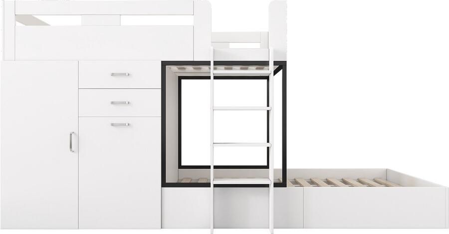 Mobrio Multifunctioneel stapelbed 2x90x200 cm met kledingkast en uitschuifbaar bureau Wit (zonder matras)