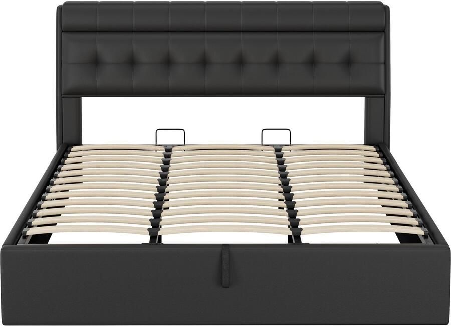 Mobrio Opbergbed 180x200 cm in imitatieleer hoofdbord met opbergruimte Zwart