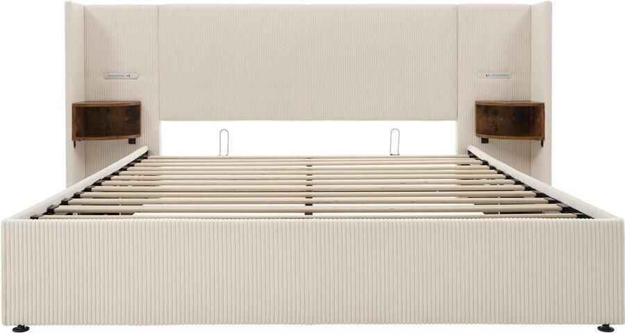 Mobrio Opbergbed van corduroy 160x200cm 2 nachtkastjes met leeslampje en laadfunctie met lattenbodem Beige
