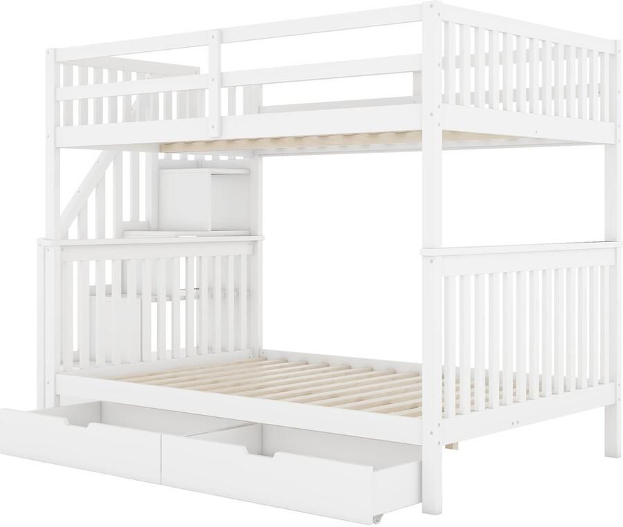 Mobrio Stapelbed 140x200cm in grenenhout met 2 lades en opbergtrap Wit