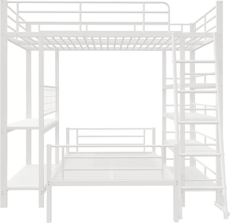 Mobrio Stapelbed 140x200cm Met opbergvakken Metalen constructie Met veiligheidsladder Met leuning Kleur wit (zonder matras)