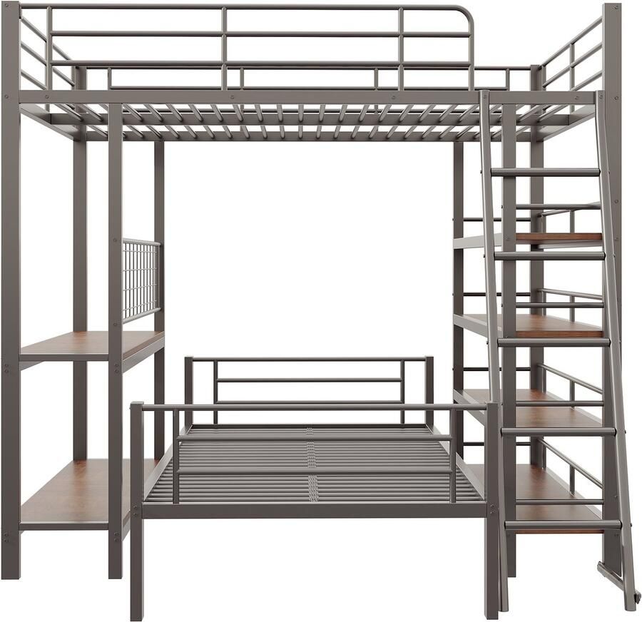 Mobrio Stapelbed 140x200cm Met opbergvakken Metalen constructie Met veiligheidsladder Met leuning Kleur zwart (zonder matras)