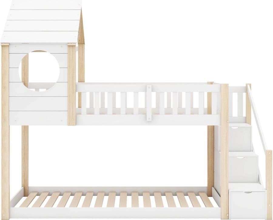 Mobrio Stapelbed 2x90x200 cm grenenhout met opbergladder en lattenbodem Wit & Naturel